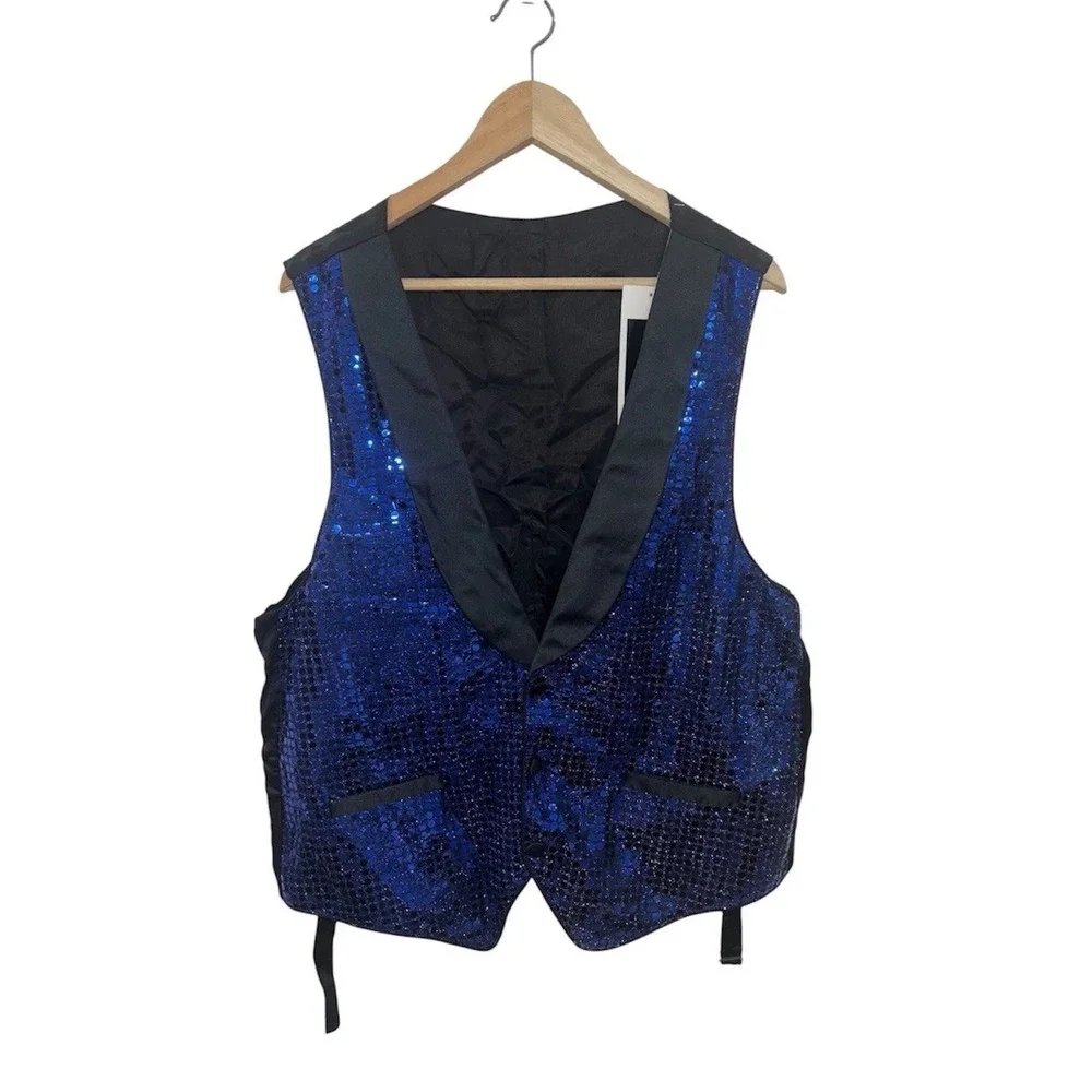 VTG NWT Simco Formalwear 42L Long Royal Blue Sequin Tuxedo Vest Shawl Lapel Prom